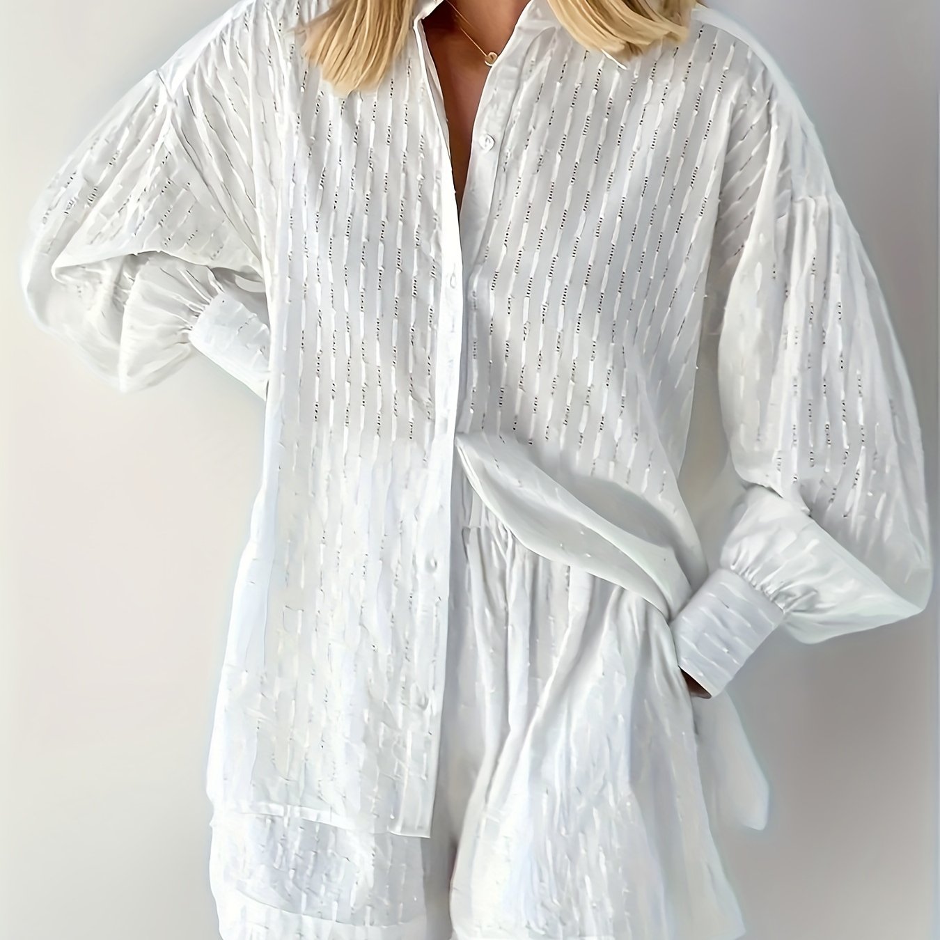 Long Sleeve Button Front Solid Color Elegant Set, Women's Loose Fit Shorts & Shirt