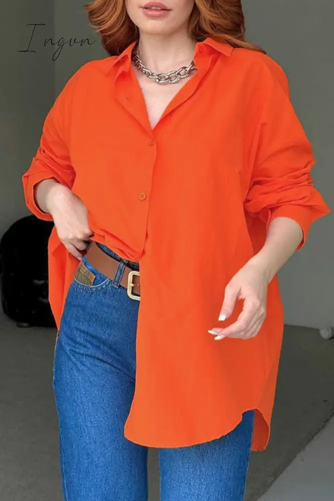 Ingvn - Street Solid Buttons Slit Turndown Collar Tops
