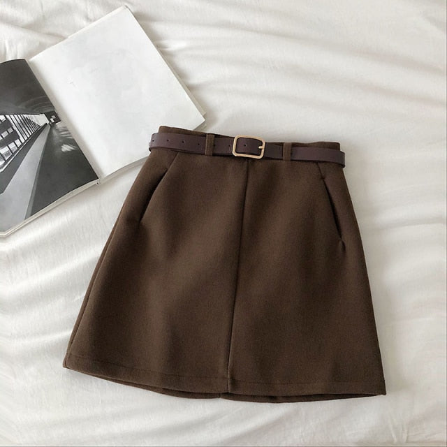 Voguable England Solid Women Belt Skirt winter fashion High Waist A-line pocket Skirt Females Mini Office ladies 5 color casual Skirts