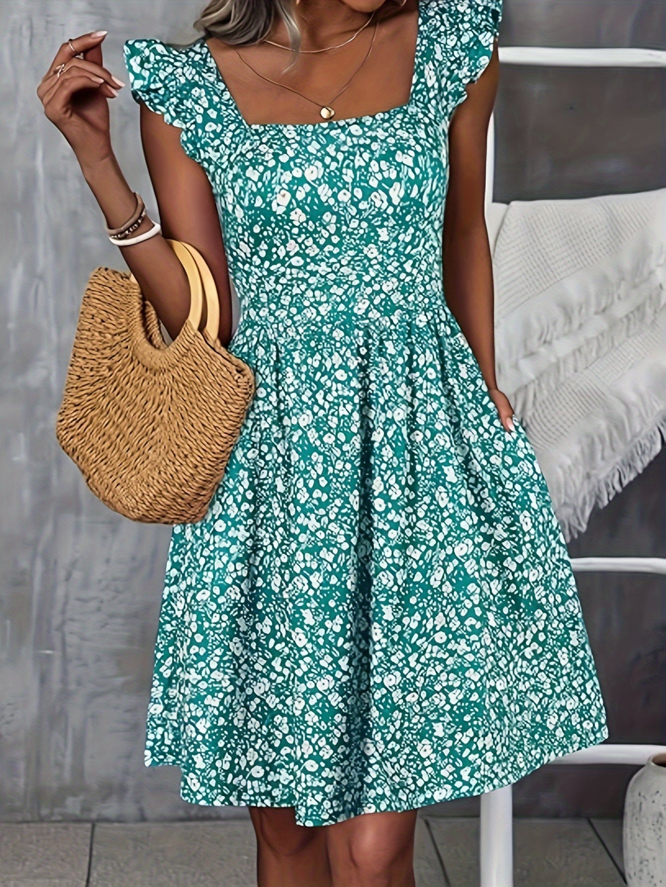 Floral Print Square Neck Patched Pockets Dress, Elegant Ruffle Sleeves Cinched Waist Dress For Spring & Summer, Women's Clothing