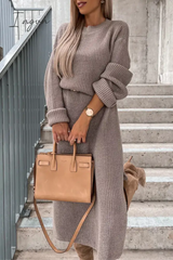 Ingvn - Elegant Simplicity Solid Slit O Neck Long Sleeve Dresses