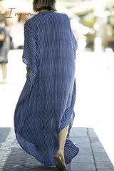 Ingvn - Casual Striped Buckle Asymmetrical Swimwears Cover Up