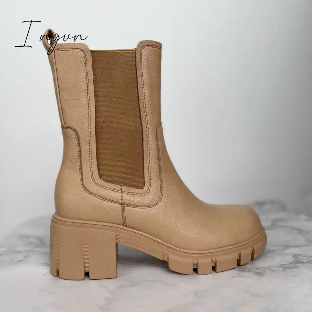 Ingvn - Women's Fashion Slip On Mid Calf Chelsea Boots