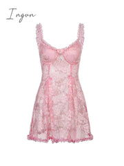 Ingvn - Sweet Cute Lace Cami Dress See Through Sexy Slim Sleeveless Ruffles Bow A-Line Mini Dresses For Women Summer Spring Lady