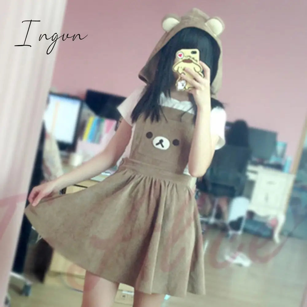 Ingvn - Japanese Kawaii Rilakkuma Lolita Overall Dress Cute Bear Embroidery Hat Ball Gown Harajuku Lolita Dress Harajuku Cute Warm Dress