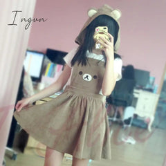 Ingvn - Japanese Kawaii Rilakkuma Lolita Overall Dress Cute Bear Embroidery Hat Ball Gown Harajuku Lolita Dress Harajuku Cute Warm Dress
