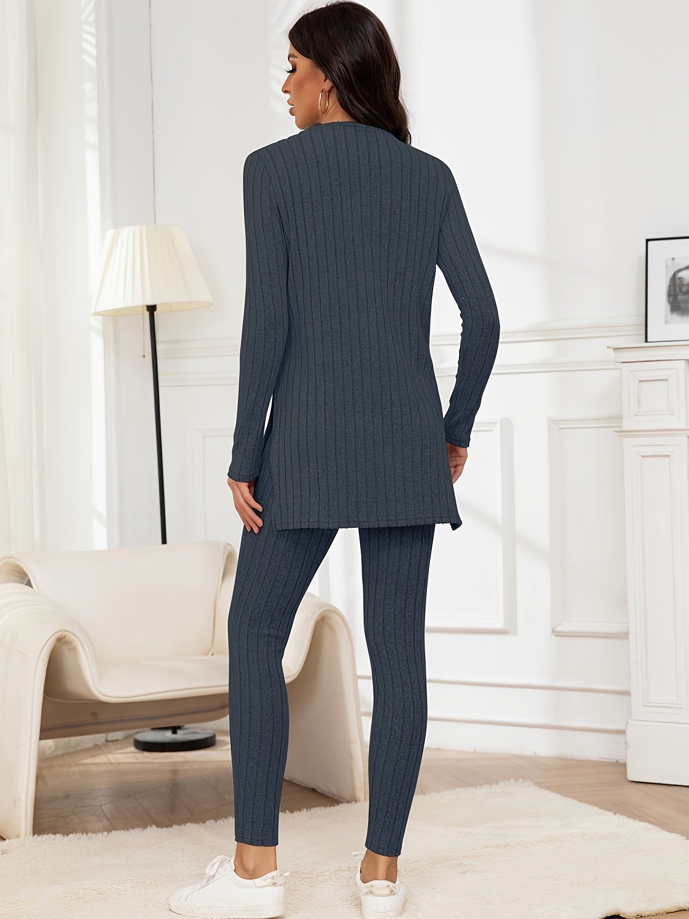 Casual Ribbed Knit Two-piece Set, Split Hem Long Sleeve Top & Slim Pants Outfits, Women's Clothing