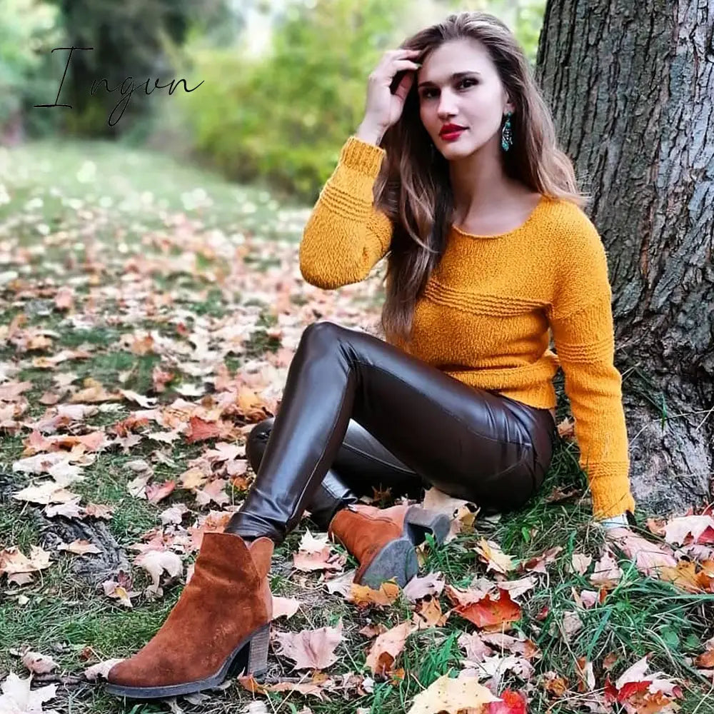 Ingvn - Melody Brown Leather Pants Vintage Trausers Women Leggings Pvc Sexy Comfortable Moto Work Pants Woman Vinyl Trousers