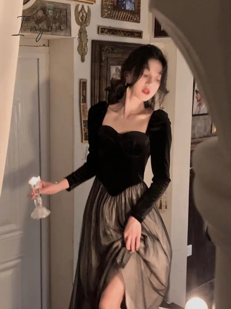 Ingvn - Elegant Long Sleeve Midi Dress Woman Slim French Vintage Velvet Dress Party Casual Korean Fashion Dress Female Autumn Chic