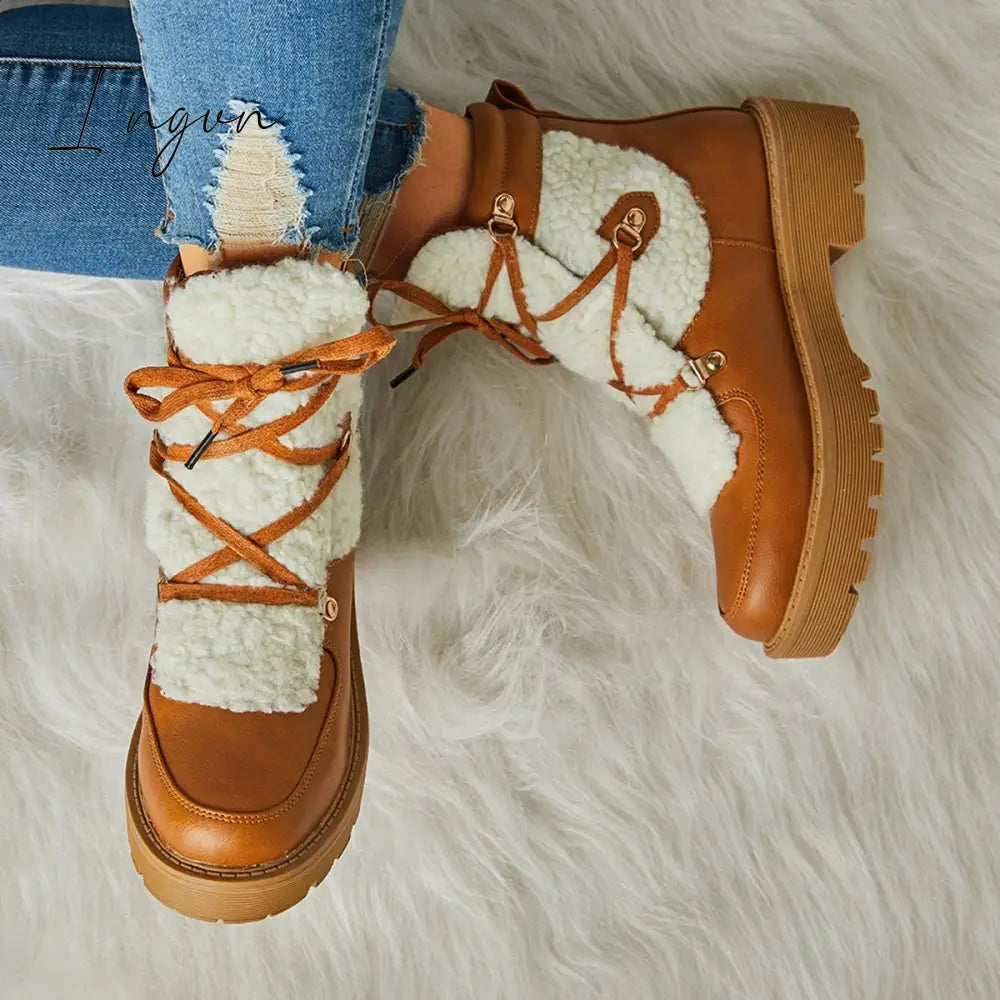 Ingvn - Women's Faux Shearling Stiching Lace Up Snow Boots