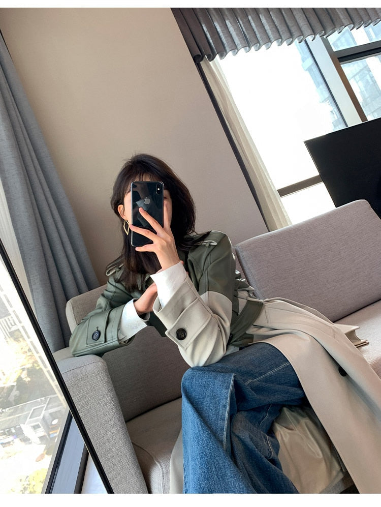Women's Coat Spring Autumn Windbreaker Jacket Female Green Trench Quality Clothing Leather Stitching Windproof Long Ladies Cloak