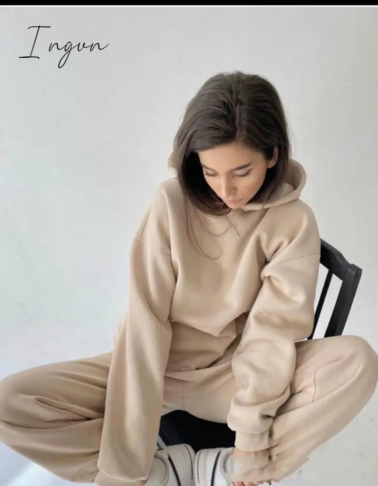 Ingvn - 2 Piece Set Women Spring Autumn Tracksuit Solid Hooded Sweatshirt Top And Wide Leg Pants Suits Loose Casual Fashion Sportswear