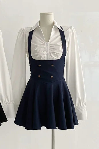 Voguable  Y2K 3 Piece Set Women Cropped Coat + Long Sleeve Shirt + High Waist Halter Ruffles Mini Dress Korean Chic Fashion Sexy Outfits