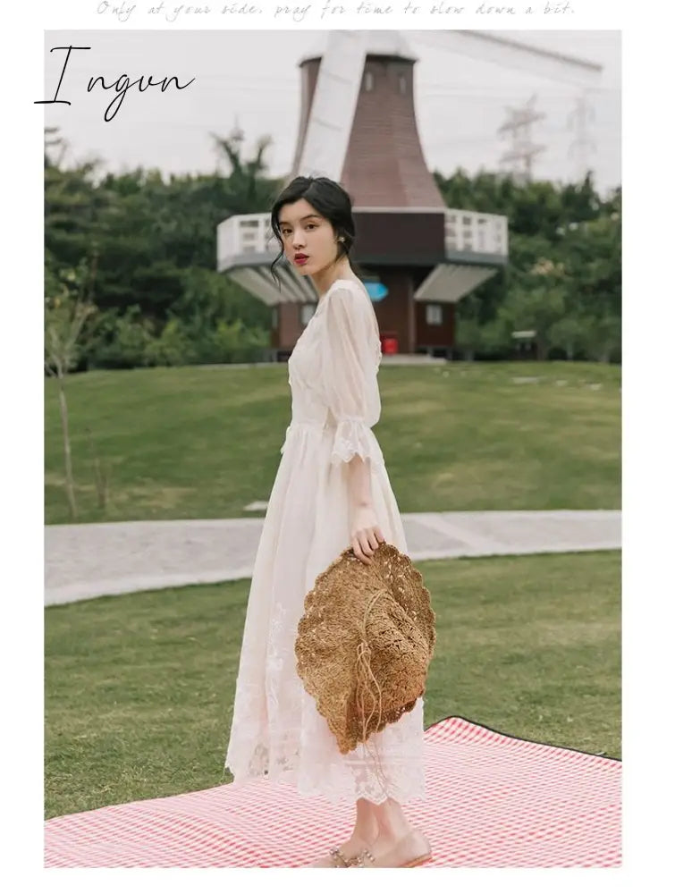 Ingvn - Vintage Retro Dress Women French Style Elegant Designer Fairy Dress Casual Slim Chiffon Party Dress  Autumn Women's Clothing