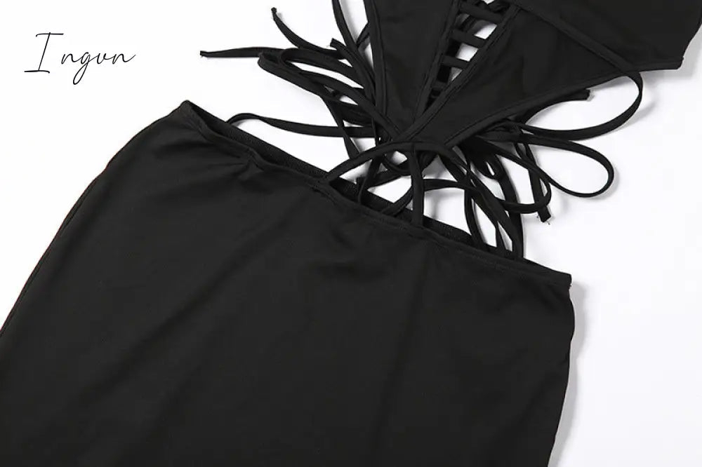 Ingvn - Sexy Bandage Hollow Out Slip Maxi Dress for Women Party Club Elegant Outfits Summer Holiday Backless Dresses Slim