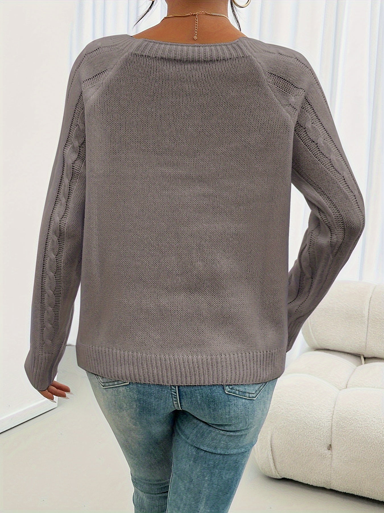 Long Sleeve Cable Knit Sweater, Casual Crew Neck Sweater, Women's Clothing
