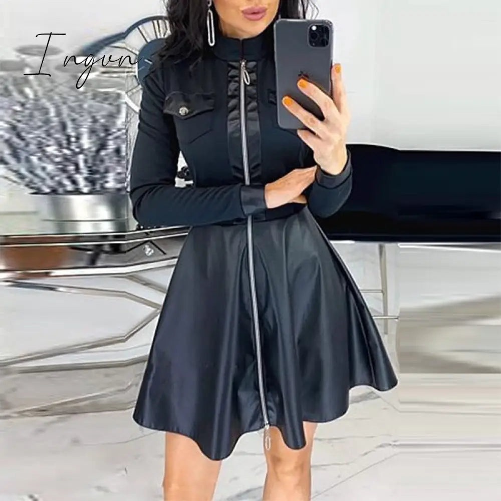 Ingvn - Sexy Stand Collar Print Zipper Long Sleeves Mini Dress Casual Autumn Winter Fashion Pocket Pu Leather Dress Elegant Slim Dresses