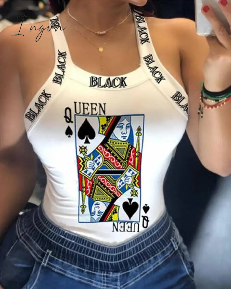 Ingvn - Tank Tops Women U Neck Letter Print Lips Vest Summer Ladies Harajuku Shirts Slim Fit Polyester Sleeveless Top Tshirts