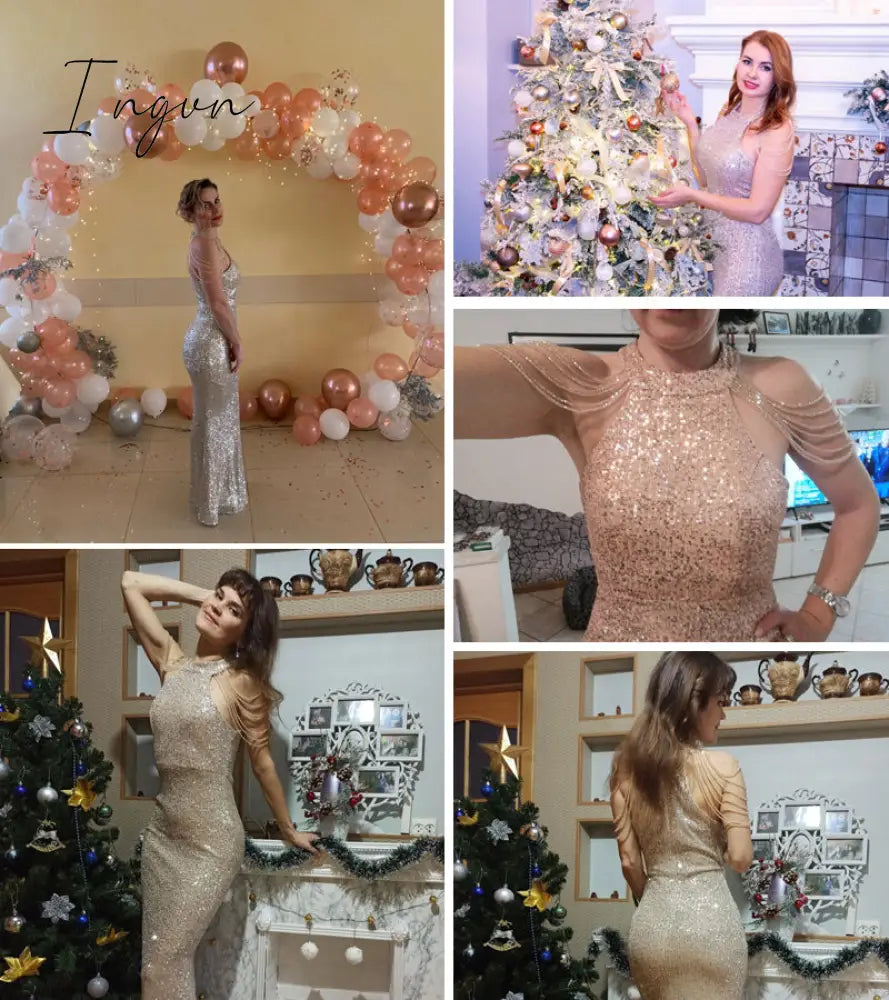 Ingvn - Trends high quality Elegant Off Shoulder Beaded Sequin Evening Dress Women Sliver Party Bodycon Maxi Dress