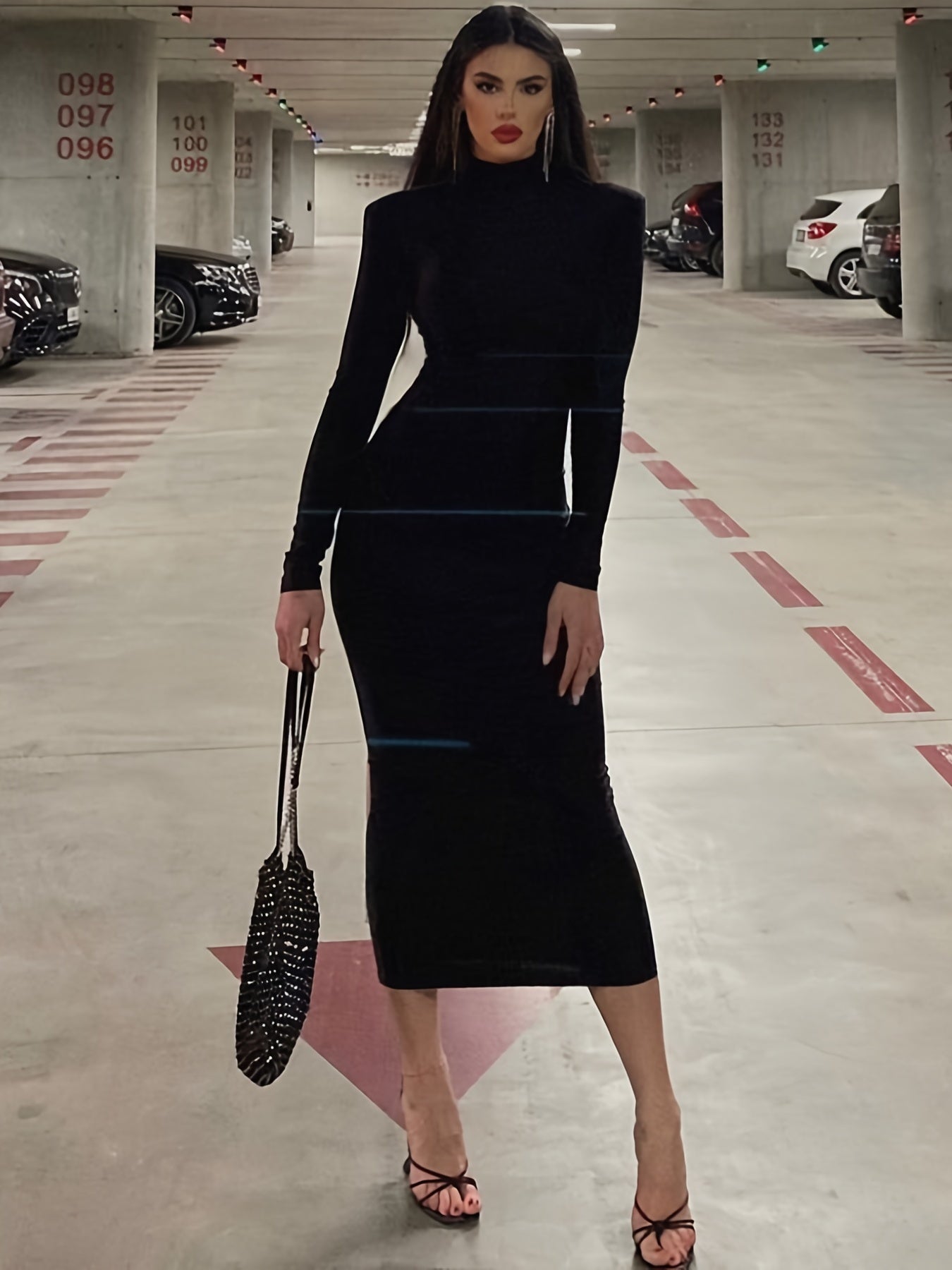 Chic High Neck Midi Dress - Body-Contouring Fit - Versatile Elegance for Work to Weekend