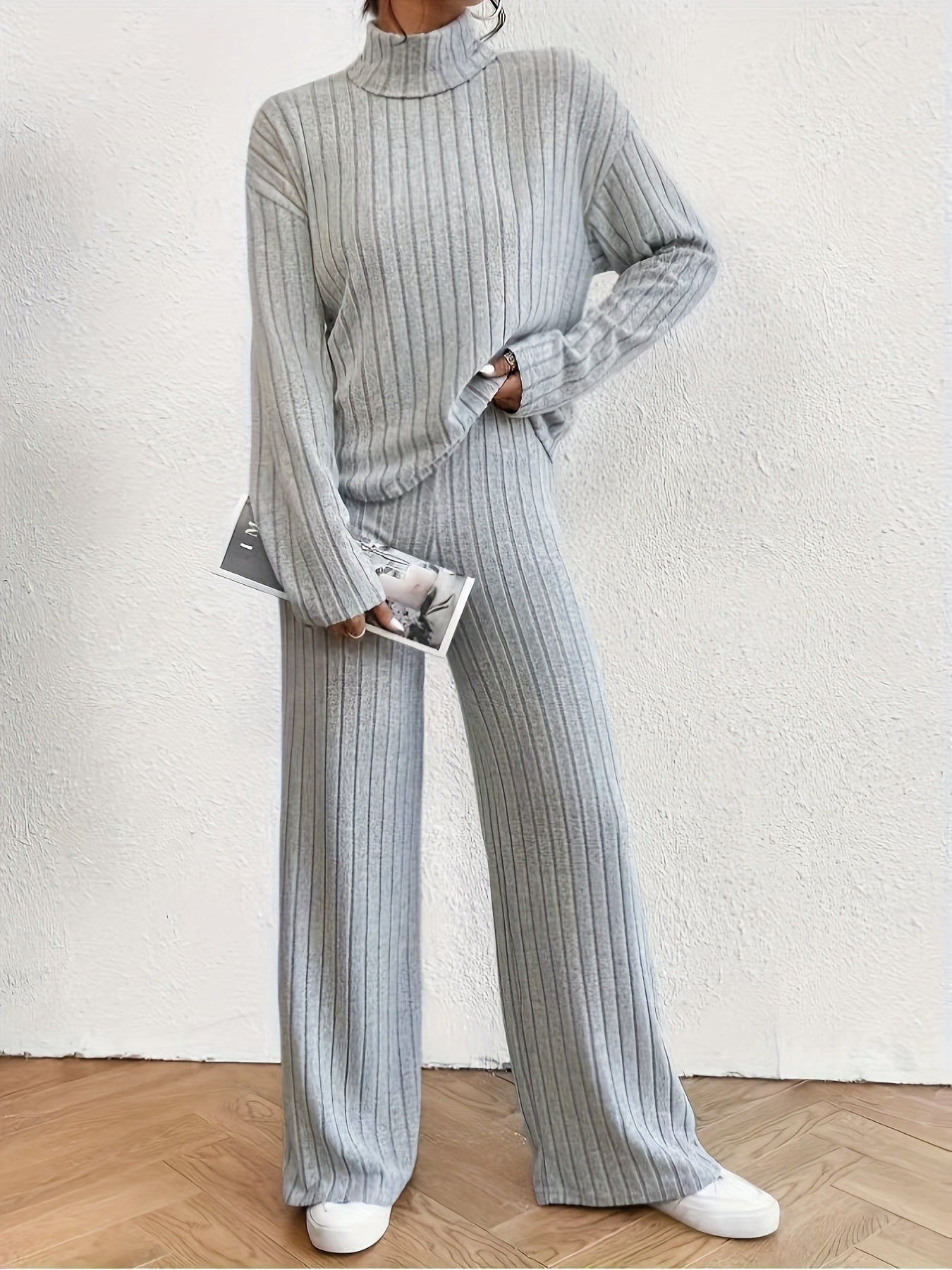 Solid Ribbed Two-piece Set, Casual Mock Neck T-shirt & Wide Leg Pants Outfits, Women's Clothing