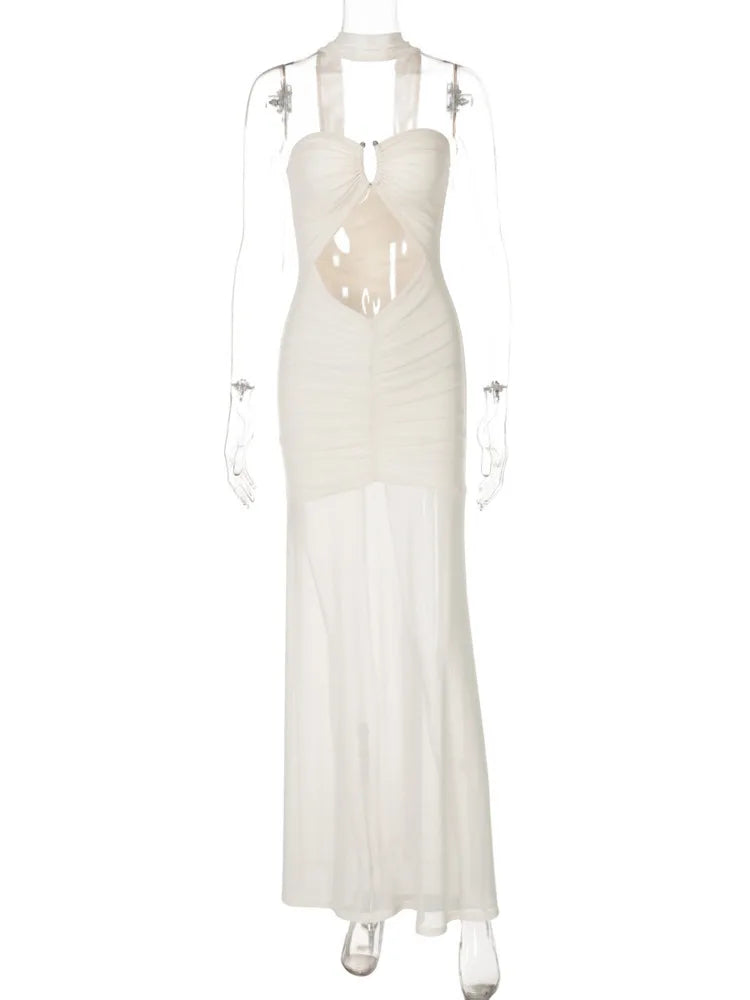 Hollow Out Backless Sexy Maxi Dress Women Gown Summer Halter Off-shoulder Backless Club Party Long Dress Elegant