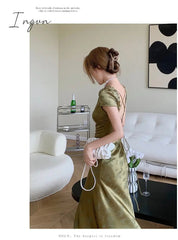 Ingvn - Elegant Women Green Satin Backless Mixi Dress Vintage Palace Bodycon Party Dresses Lace Bandage V-Neck Prom Robe Summer Vestidos