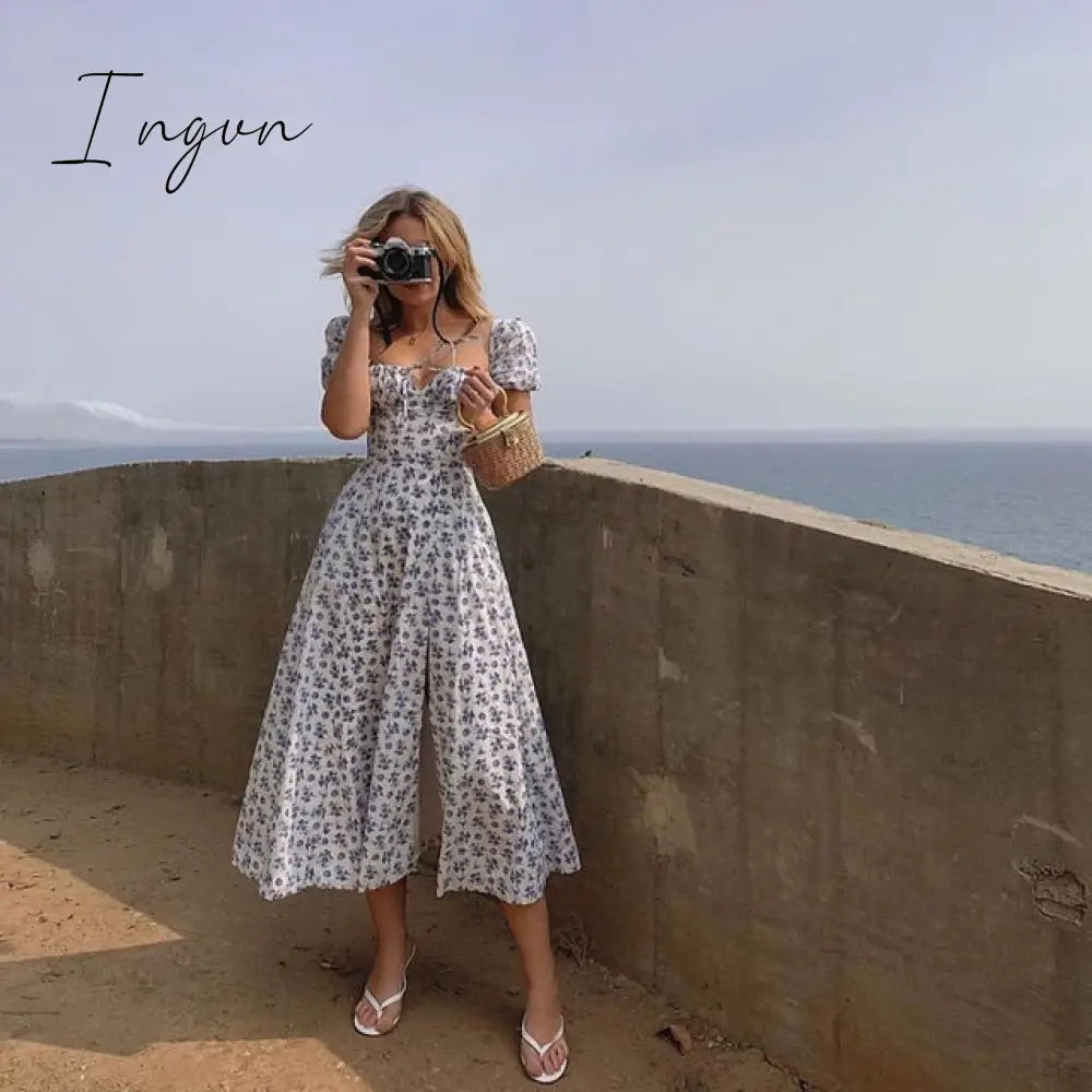 Ingvn - Summer Dress Women Short Puff Sleeve Flroal Printed Ruched Party High Split Long Maxi Dresses Drawstring Sexy Vestidos Sundress