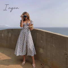 Ingvn - Summer Dress Women Short Puff Sleeve Flroal Printed Ruched Party High Split Long Maxi Dresses Drawstring Sexy Vestidos Sundress