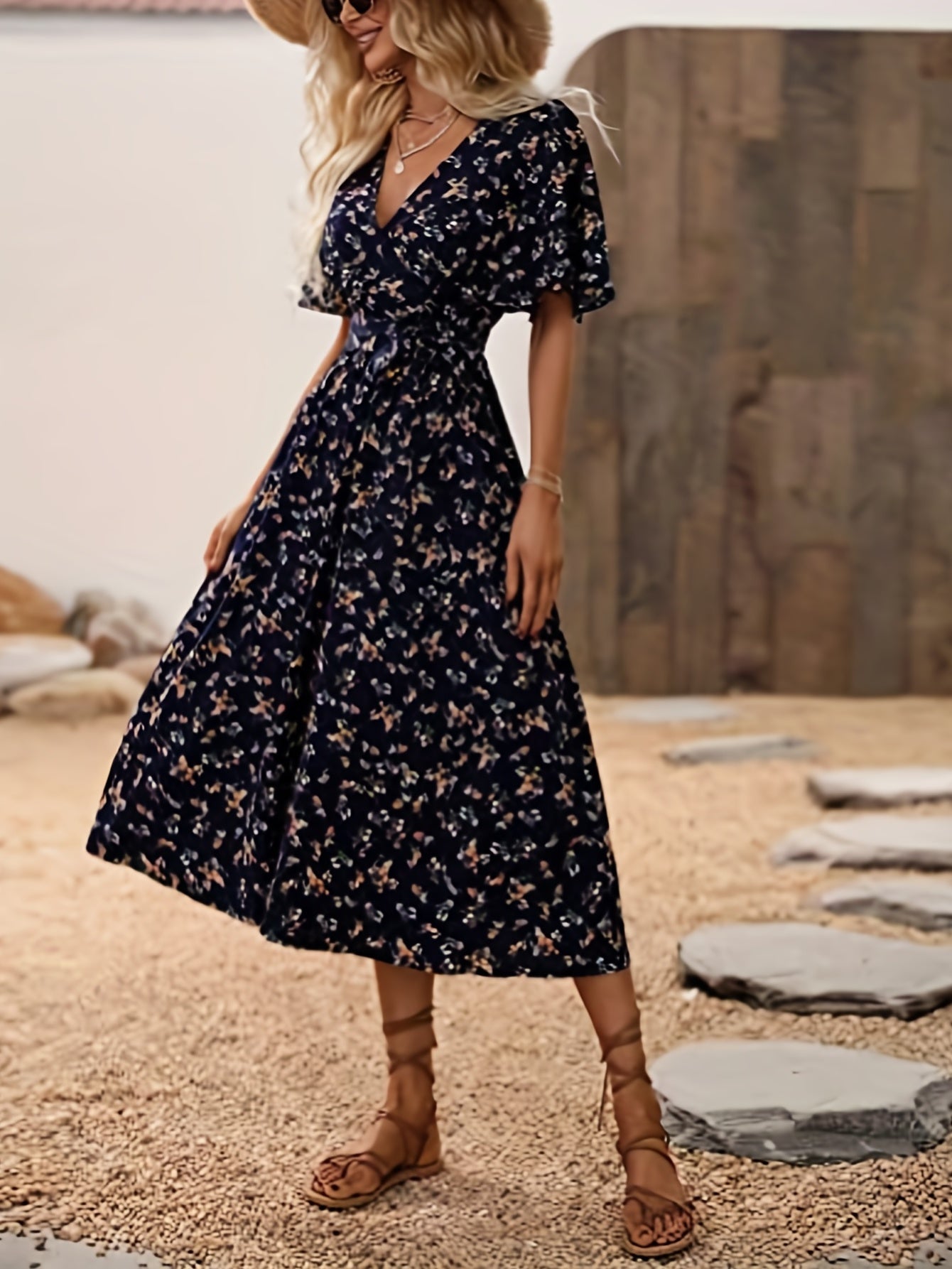 Floral Print Flutter Sleeve Dress, Boho V Neck Slim Waist Dress, Women's Clothing