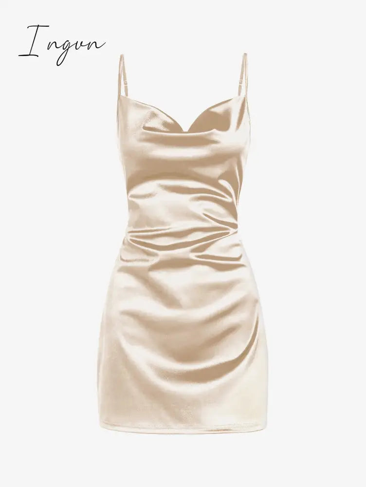 Ingvn - Women's Sexy Satin Dress Spaghetti Strap Slips Nightwear Side Slit Cocktail Party Silk Mini Dresses