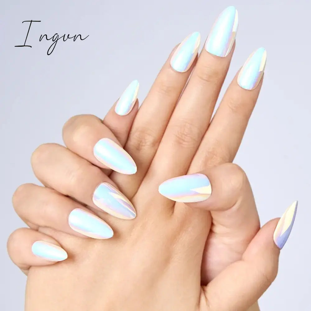 24pcs Luxurious Glossy Oval Purple Glitter Nails Press-On False Nails Set Cat Eye Stick on Nails with Sky Design for Women/Girls
