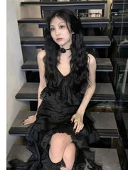 Japanese Sexy Dark Sleeveless V-neck Women Dresses Cascading Ruffles Asymmetrical Femme Robe Harajuku 2025 Summer Camisole Dress