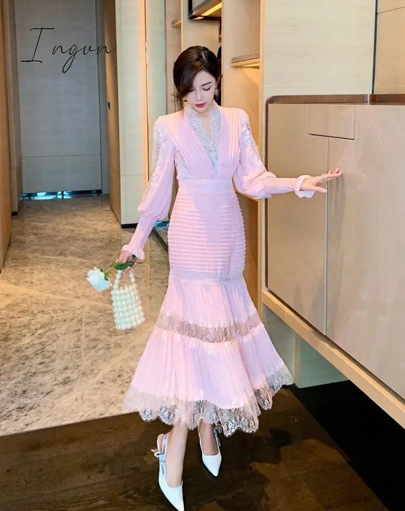 Ingvn - Summer Sexy Party Dress Women Single Breasted Long Sleeve Layer Ruffle Flower Embroidery Lace Tulle Maxi Dress Robe