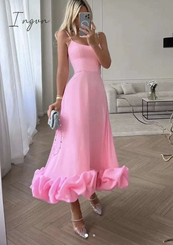Ingvn - Elegant Flower Hem Sexy Midi Dress Women Spaghetti Strap Sleeveless Backless A- Line Loose Temperament Long Dress