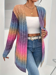Long Sleeve Ombre Gradient Color Block Cardigan - Soft Micro Elasticity, Loose Fit, V-Neck, Raglan Sleeve, Placket Front - Perfect for Fall and Winter Seasons