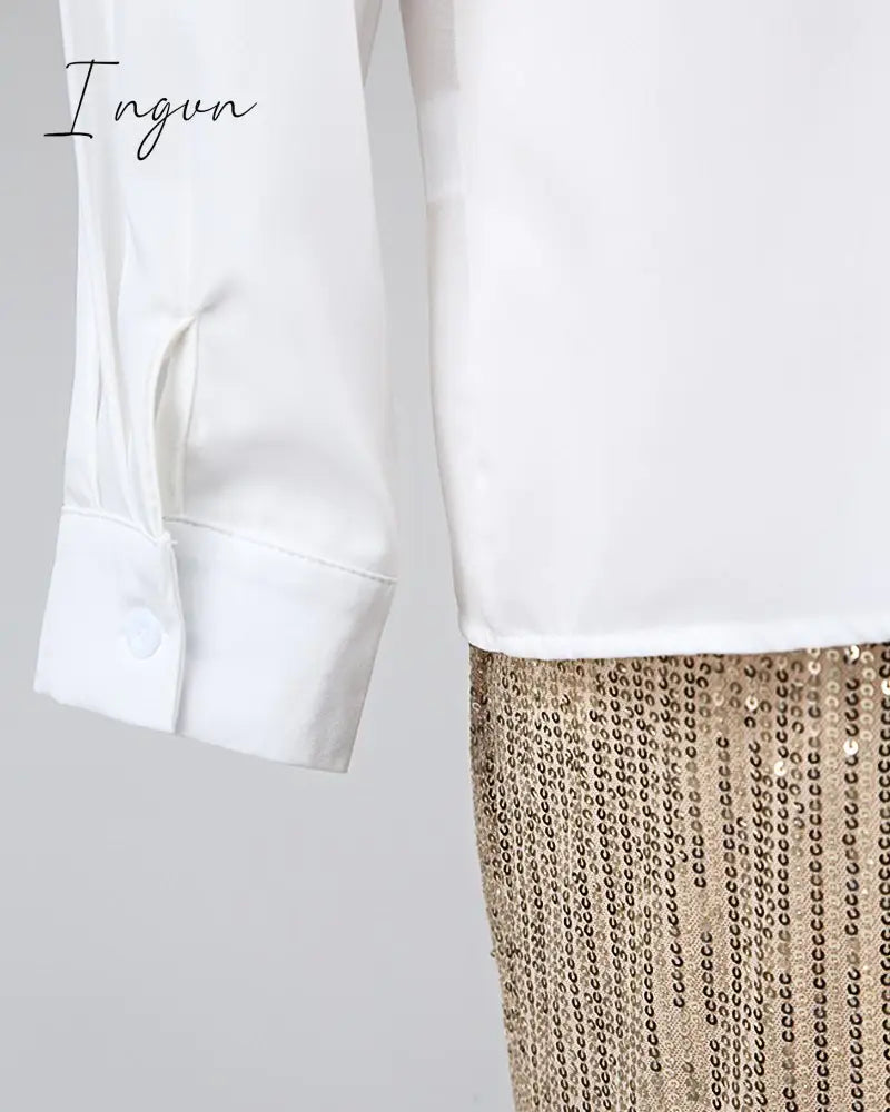 Ingvn - Women Fashion Sequin Two Piece Set Long Sleeve Womens Tops And Blouses Femme Two Piece Outfits Elastic Waist Long Pants Sets