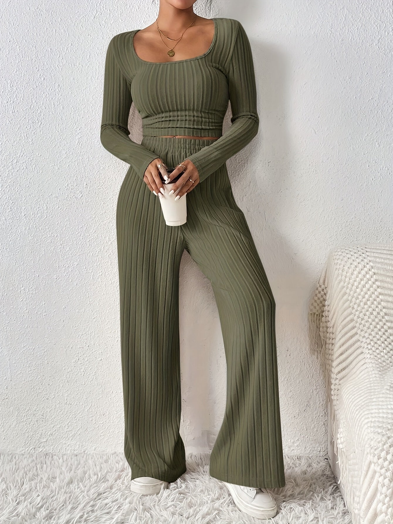 Women'S Fashion Set, Long Sleeve Round Neck Crop Top with Wide Leg Pants, Solid Color, Polyester Knit, Autumn/Winter Collection