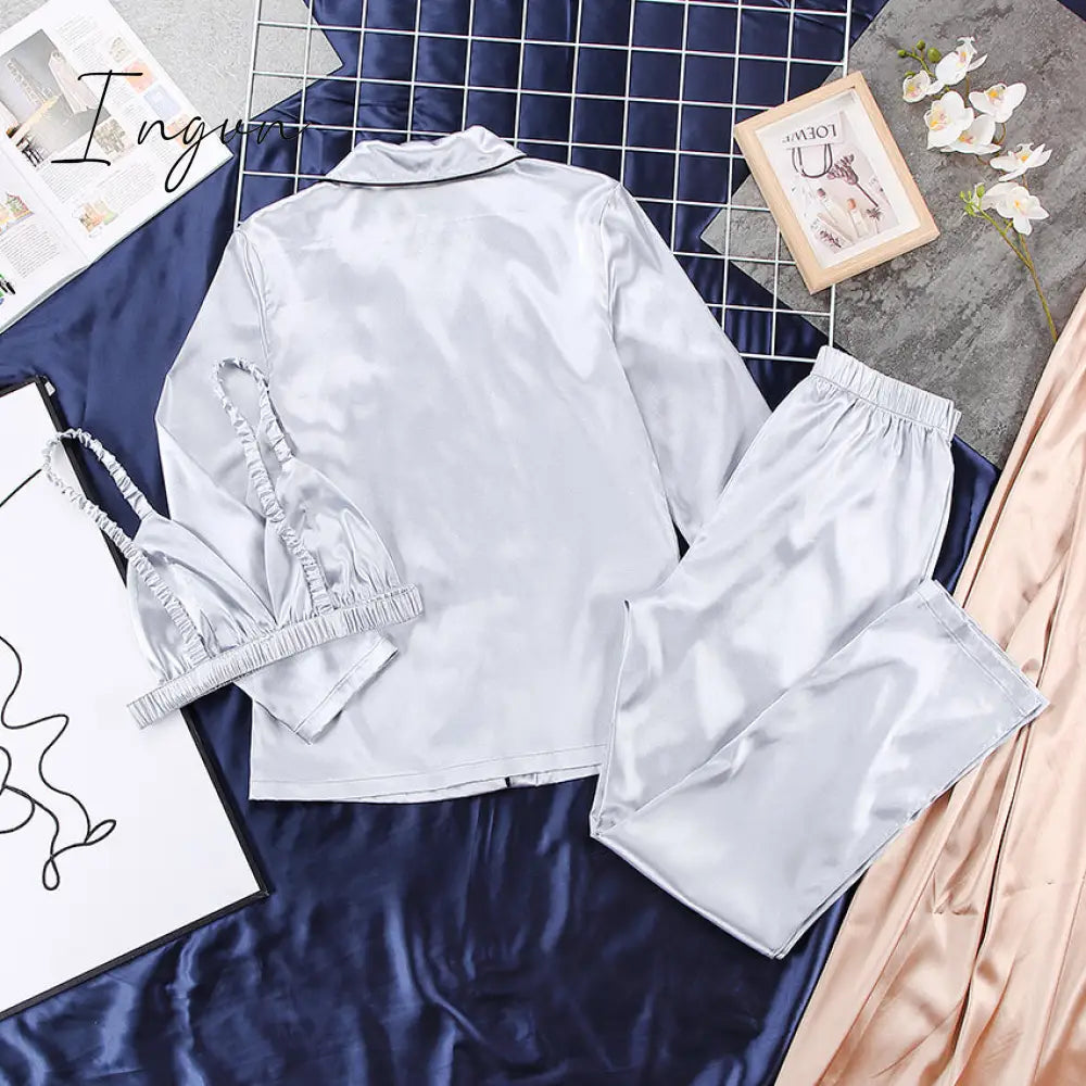Ingvn - Fashion Solid Color Satin Robe Set With Bra Sexy Pajamas Set Female Home Suit For Women Pajama Spring Long Sleeve Sleepwear