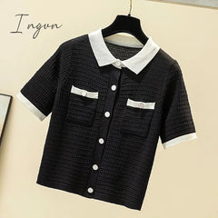 Ingvn - Thin Knitted T Shirt Women Button Cardigan Womens Tops Korean Clothes Summer Short Sleeve Turn-Down Collar Tee Shirt Femme