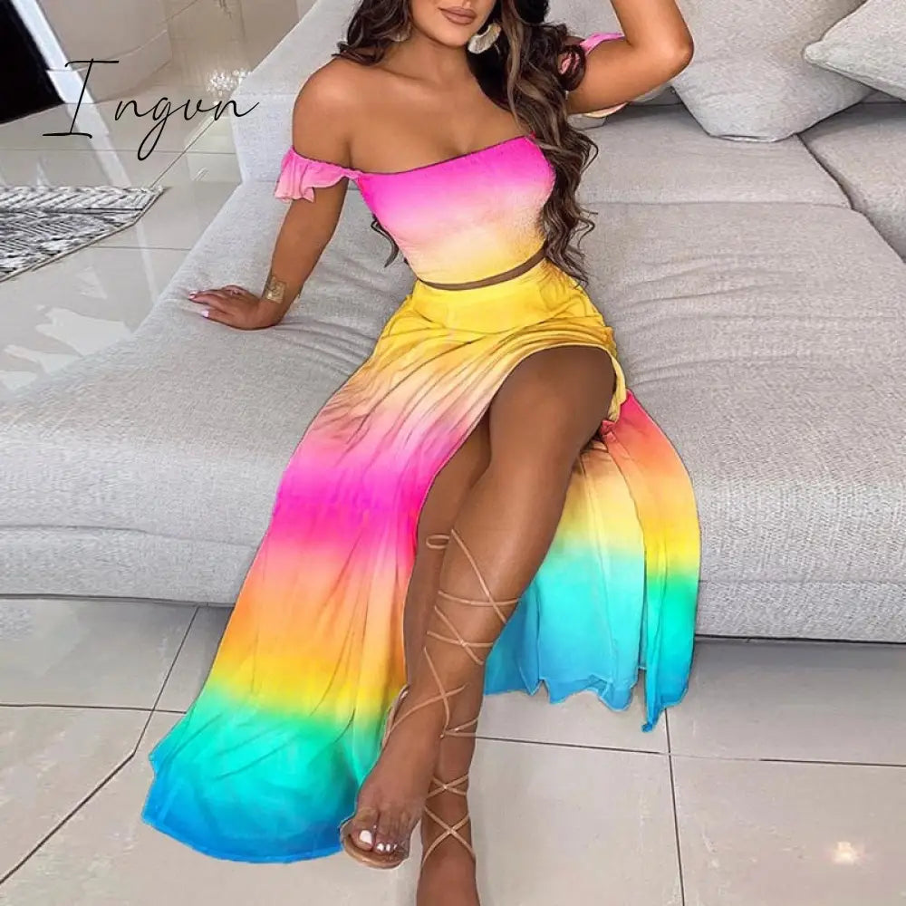 Ingvn - Off Shoulder Women Two Piece Set Sexy Slash Neck Top and Slit Summer Long Party Dress Suits Spring Floral Print Skirts Sets