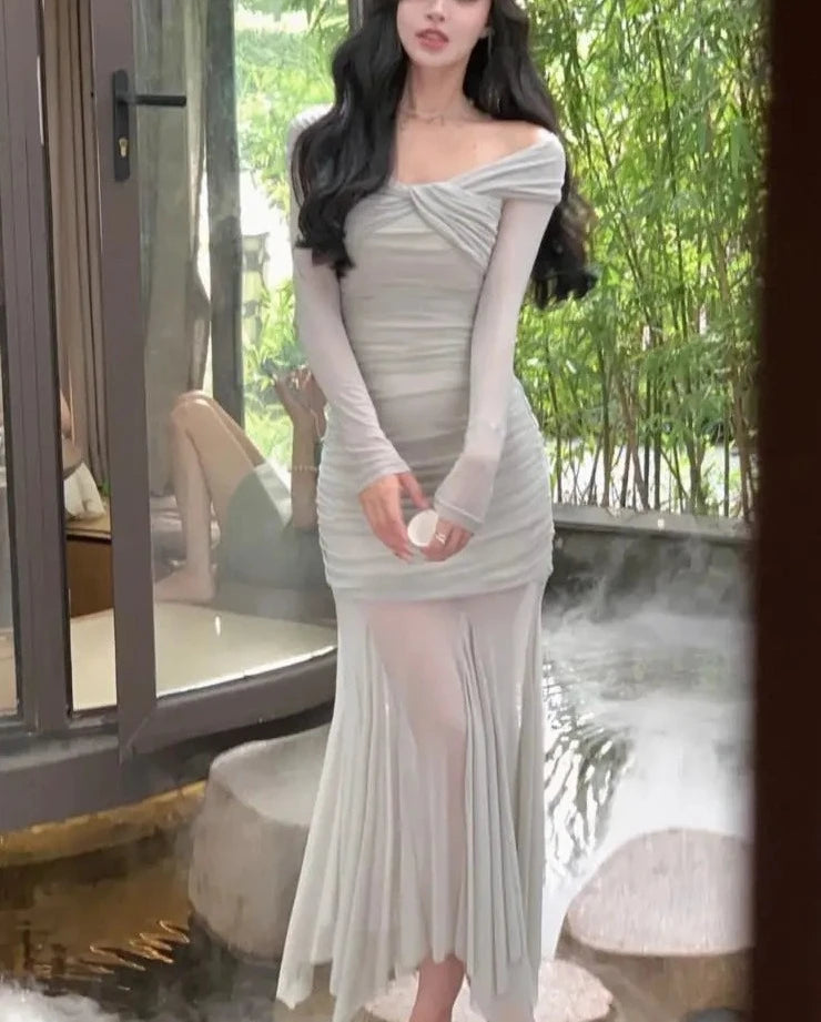 Autumn Elegant Mesh Bodycon Evening Party Midi Dress Women Long Sleeve Irregular One Pieces Vestidos Korean Ladys Clothes