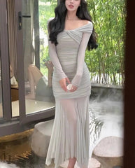 Autumn Elegant Mesh Bodycon Evening Party Midi Dress Women Long Sleeve Irregular One Pieces Vestidos Korean Ladys Clothes