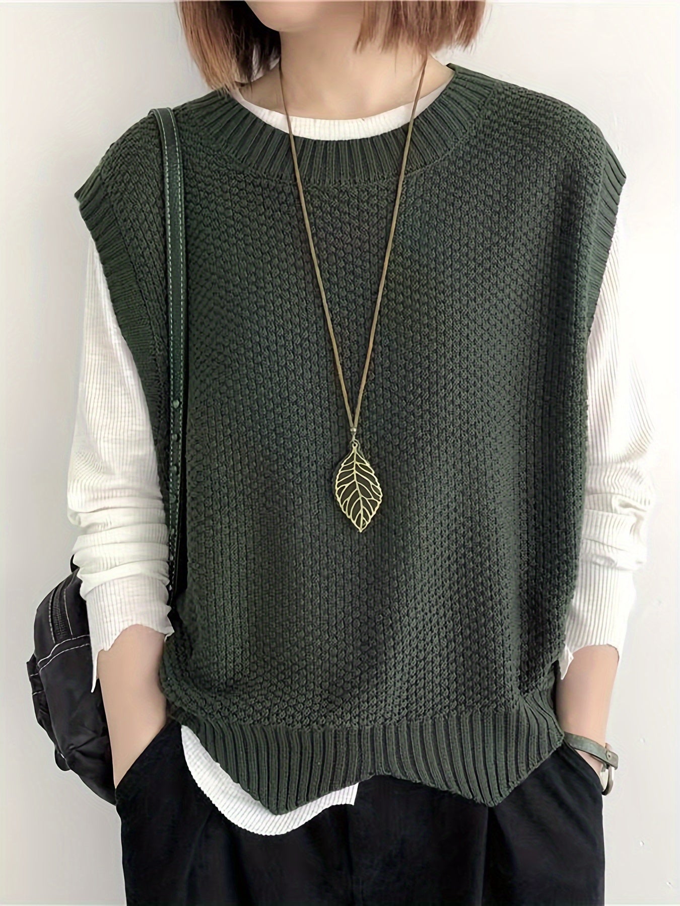 Solid Crew Neck Knitted Vest, Casual Sleeveless Loose Sweater, Women's Clothing