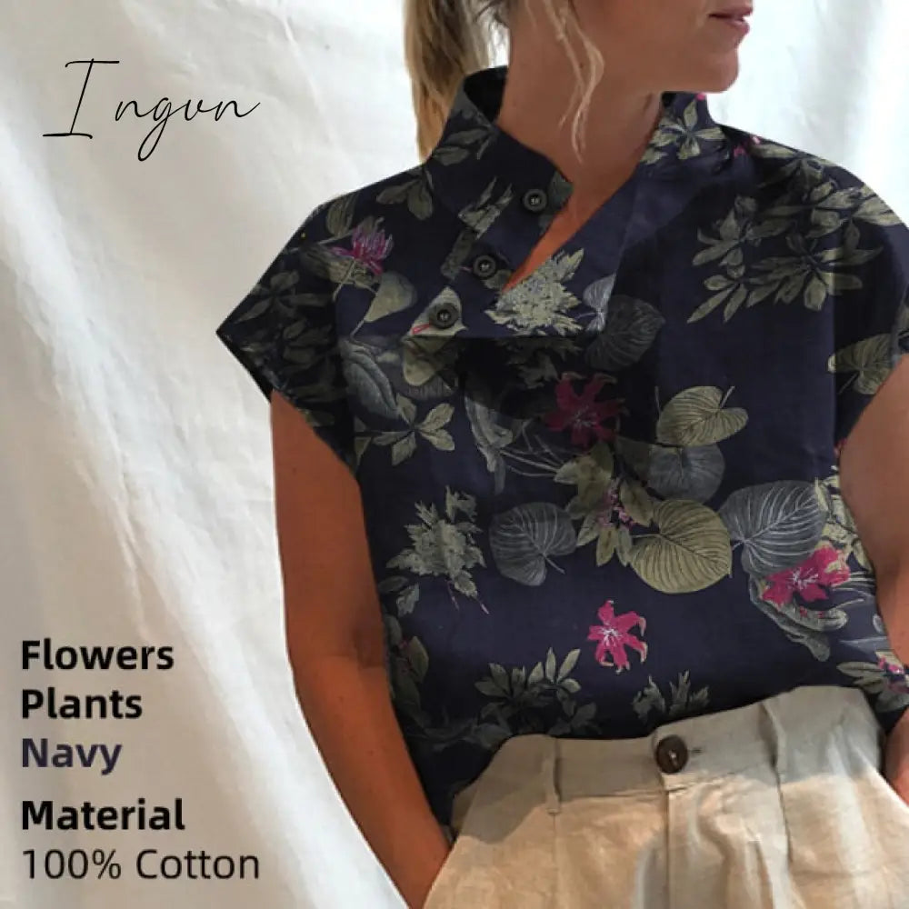 Ingvn - New Stylish Tunic Tops Plus Size Women Short Sleeve Summer Blouses Buttons Solid Cotton Linen Tops Casual Loose Blusas Femme