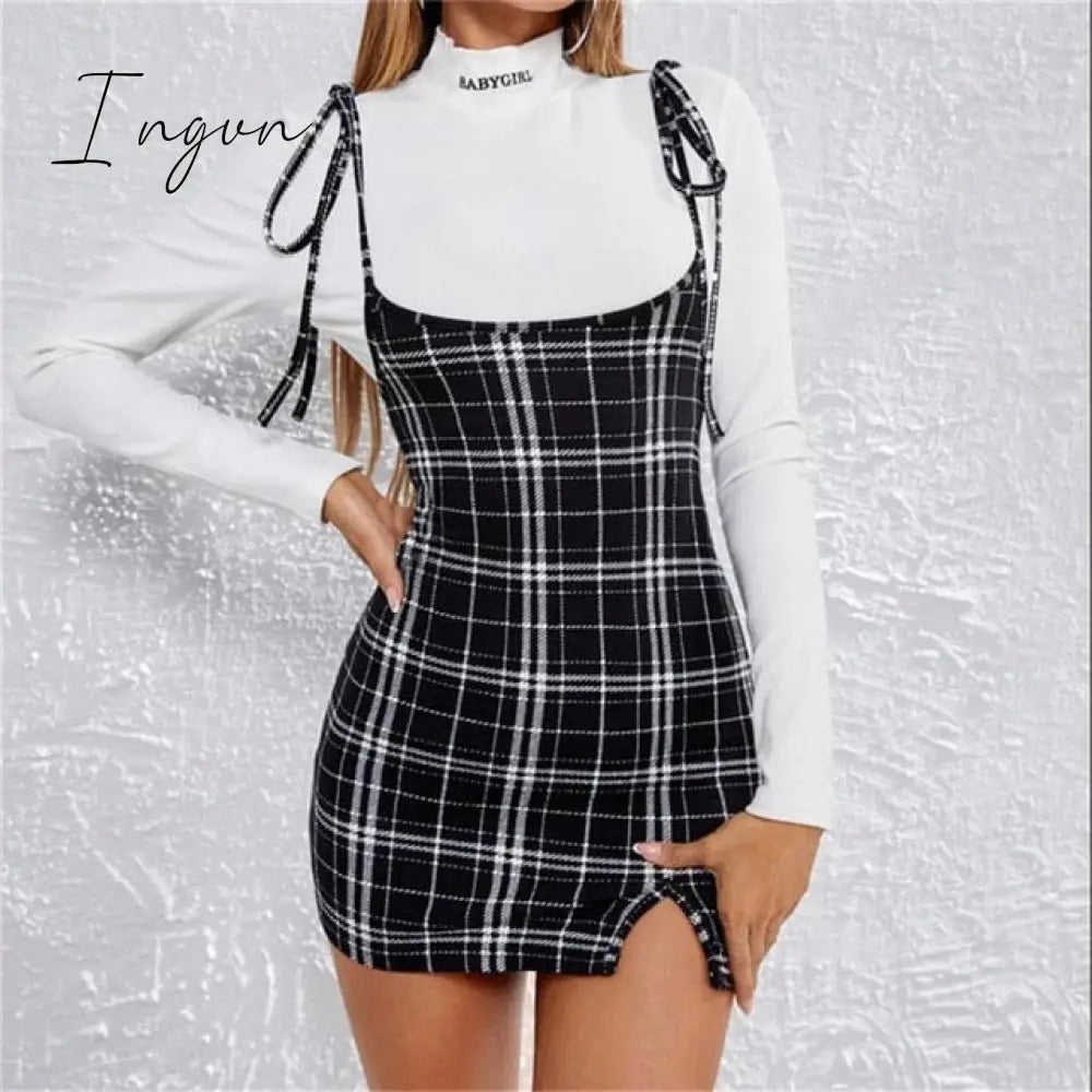 Ingvn - Fashion Women Dress Check Dog Tooth Frill Ruffle Pinafore High Waist Bodycon Party Mini Dress Holiday Casual Slim Dress vestidos