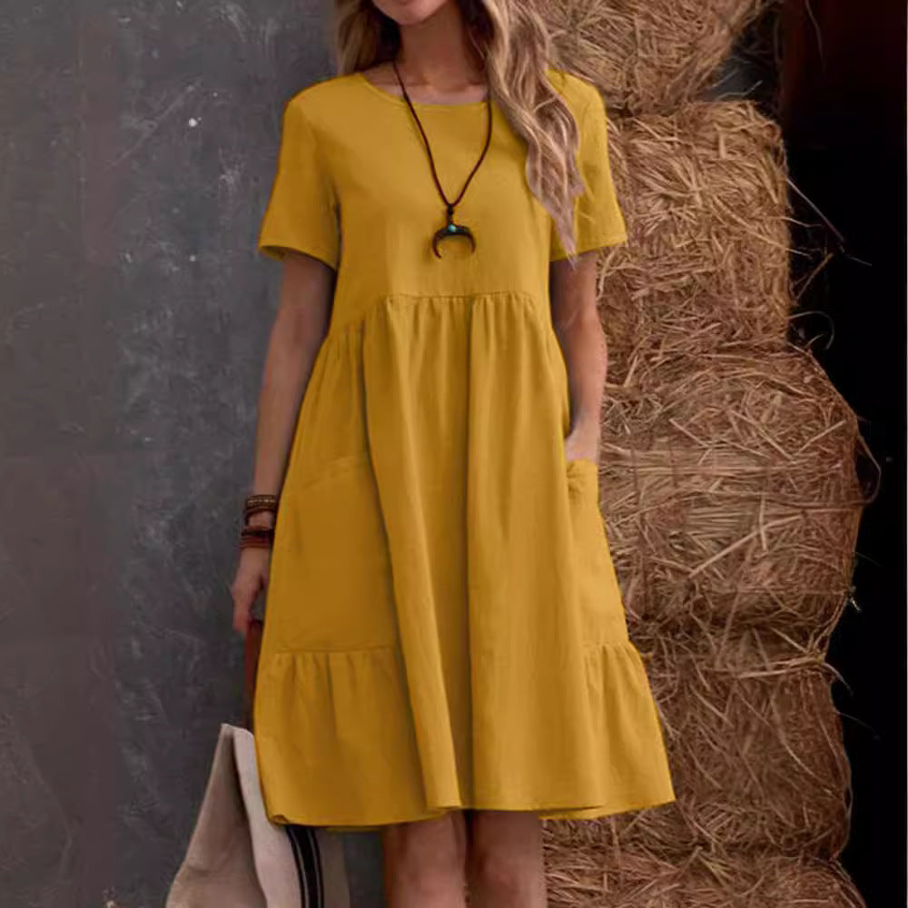 Summer European and American  Station Retro Loose Pocket Solid Color Crewneck Women's Cotton and Linen dress