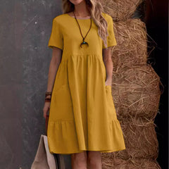 Summer European and American  Station Retro Loose Pocket Solid Color Crewneck Women's Cotton and Linen dress