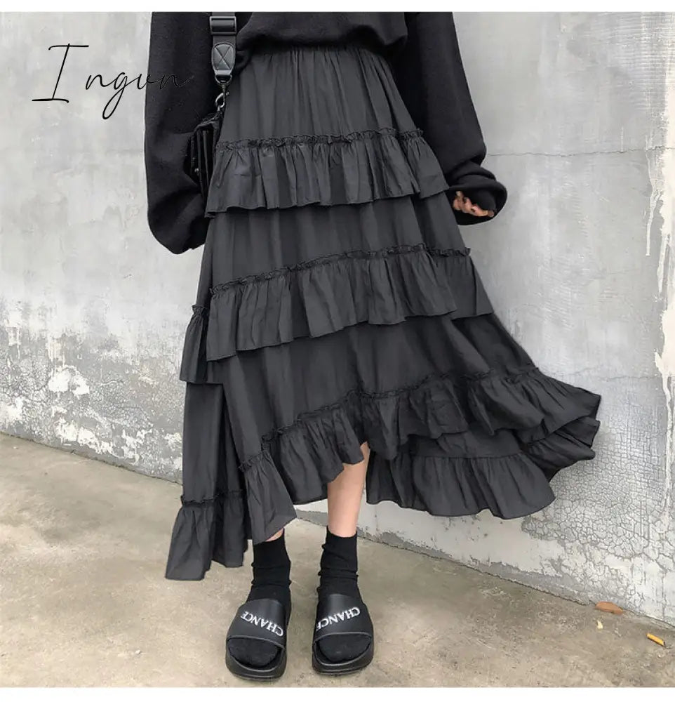 Ingvn - Midi Long Skirts Womens Maxi Skirt Goth Lolita Summer High Waisted Asymmetrical High Low Ruched Ruffle Skirts rok