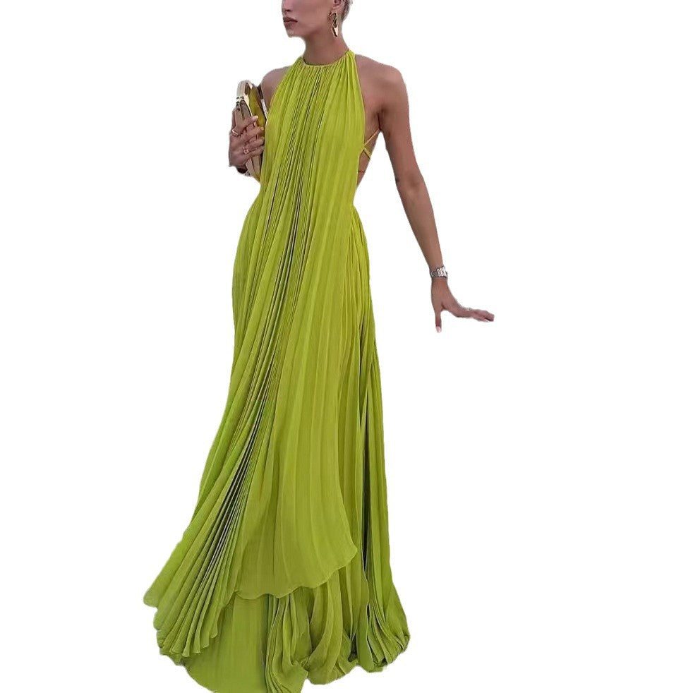 Women's Solid Color Round Neck Sleeveless Sexy Backless Beach Long Dress